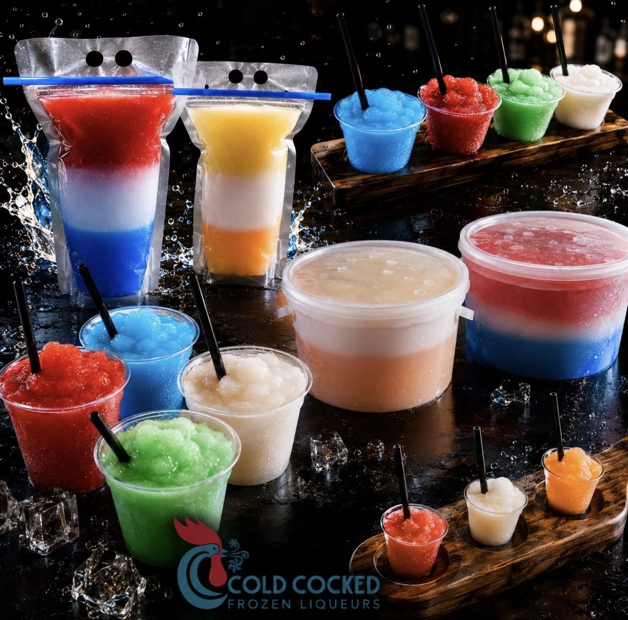 Assorted Cold Cocked frozen liqueurs in cups, pouches and buckets